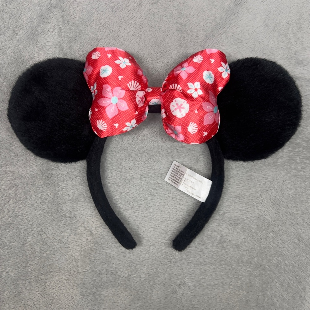 Aulani Disney Resort‎ Red Floral Bow Asian Minnie Ears Hawaii Tropical Fuzzy